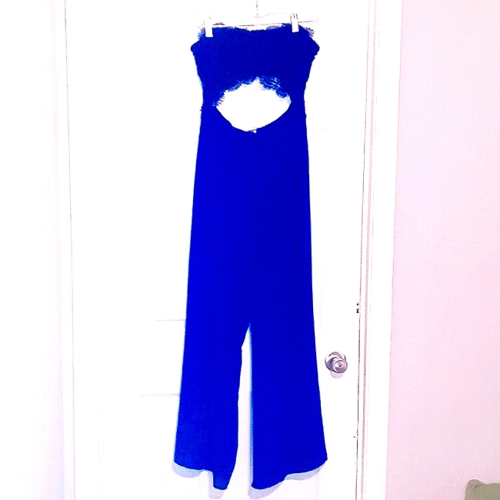 Women's Blue wide leg jumpsuit with cutout Lace Embroidery Bodice